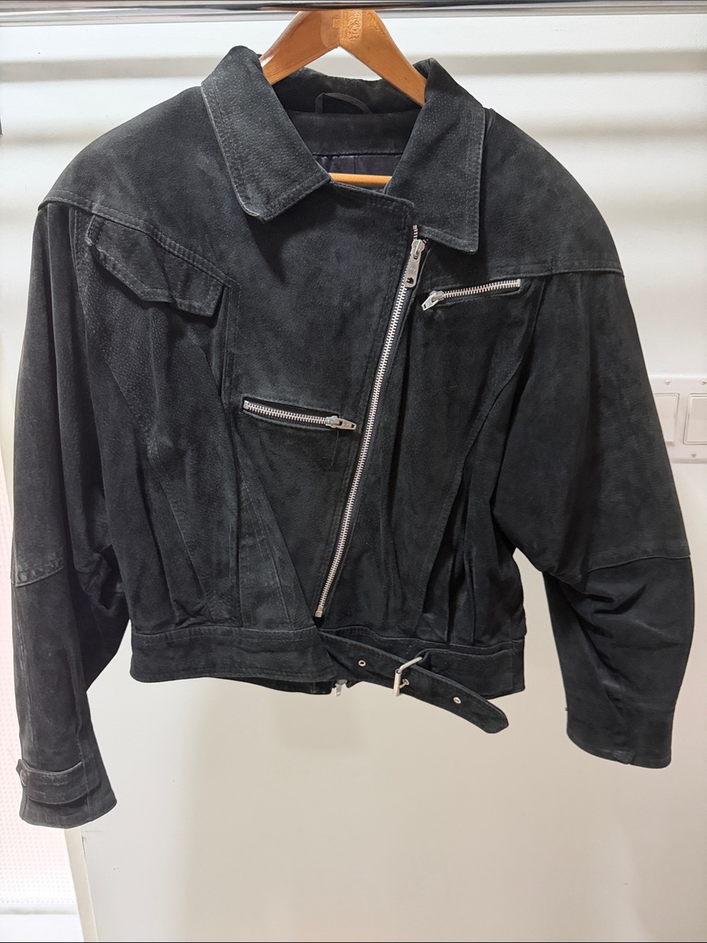 Black Suede Asymmetric Moto Jacket with Zip Detail
